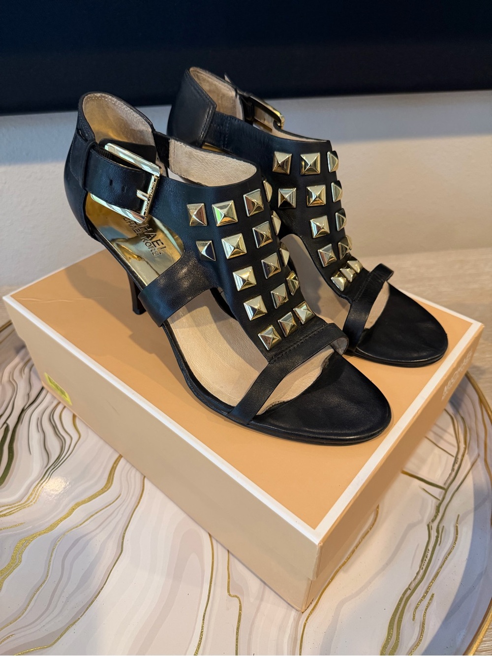 Michael Kors Black Leather Aria Open Toe High Heel Sandals with Gold Studs!